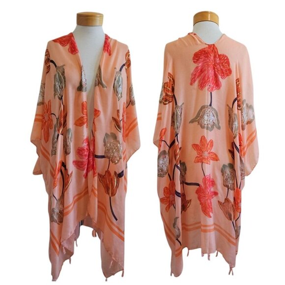 Woven Heart Floral Metallic Peach Lightweight Side Slit Kimono Swim Cover Up 2X - Picture 1 of 12